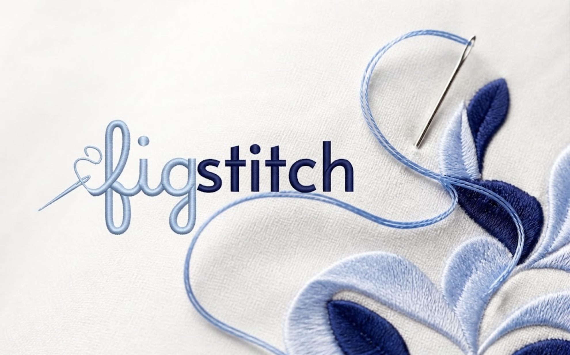 The Figstitch logo embroidered in navy and pale blue with needle and thread on white linen